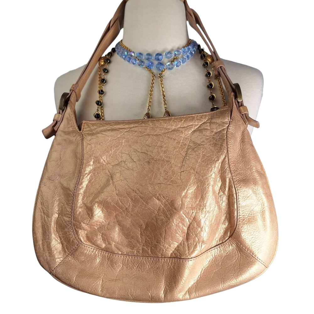 Coccinelle Shoulder Bag Purse Metallic Rose Gold Genuine Leather Boho Coquette - Picture 2 of 10